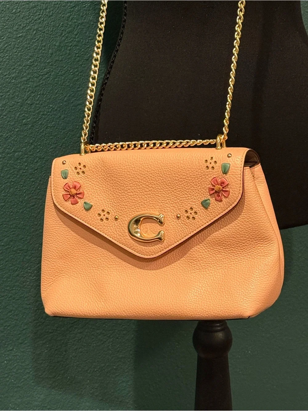 Coach Peach Pink Floral Pebbled Leather Shoulder Bag with Chain Strap